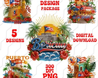 Puerto Rico PNG Bundle - Glossy Glassy Boricua Designs 5 Pack, Commercial Use