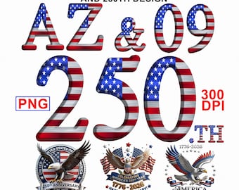 USA Flag Alphabet PNG Bundle, 250th Anniversary Patriotic Design (Digital Download)