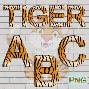 Letras e Números de Tigre | Fonte de Tigre, Clipart, Alfabeto Animal Print A - Z Números 0 - 9 Elementos de Design | PNG para Sublimação ou Impressão