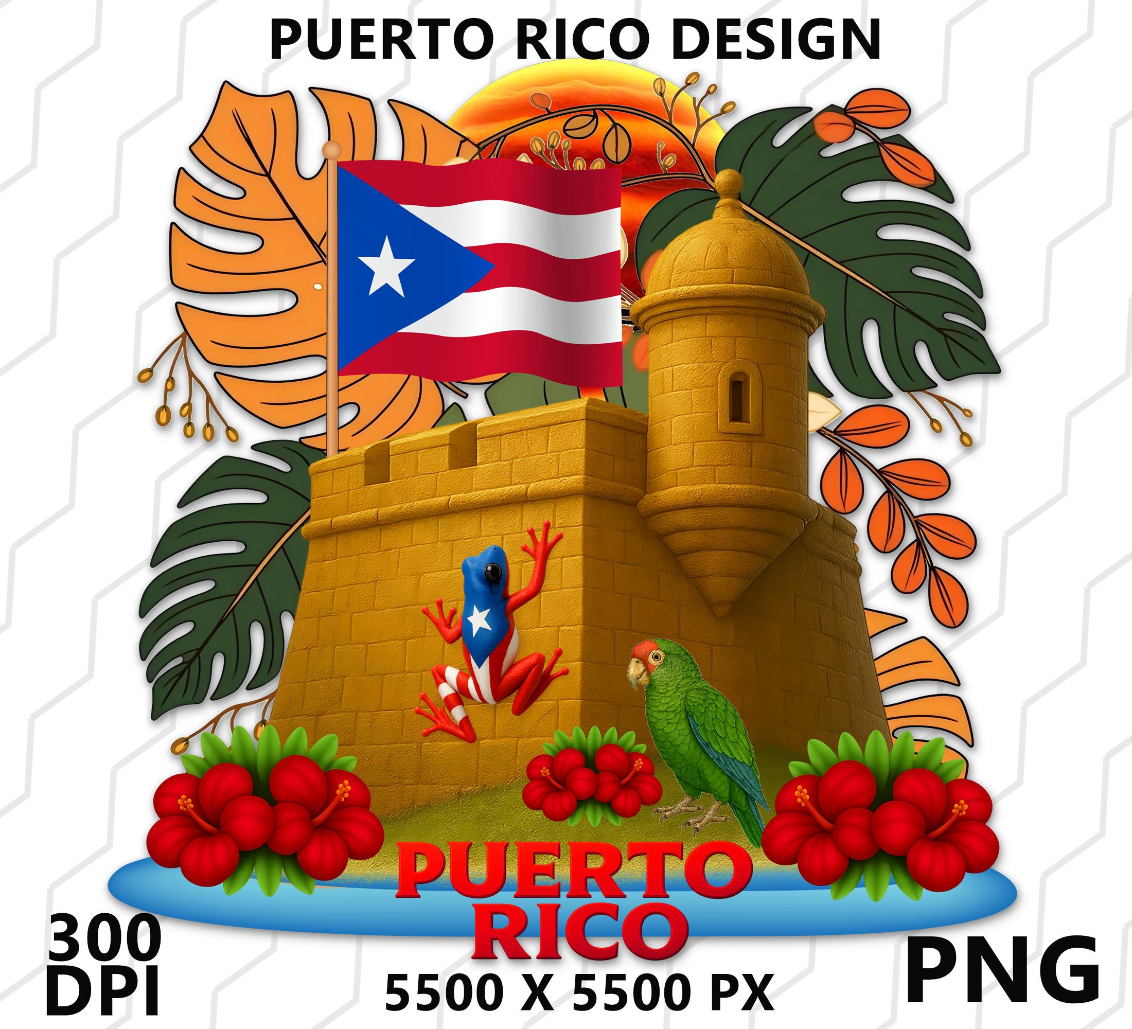 Puerto Rico Fortress PNG, El Morro, Hibiscus, Parrot, Coquí