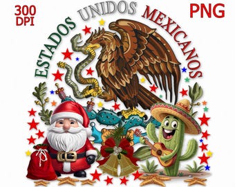 Mexican Christmas PNG | Patriotic Holiday Design with Santa & Cactus | 2 Variations Included