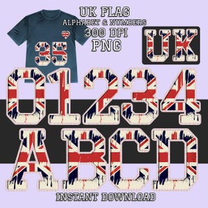 Letras e números esportivos da bandeira do Reino Unido PNG, fonte da camisa do time, clipart de sublimação para camisetas escolares, clipart de letras do Union Jack, bandeira da Inglaterra png