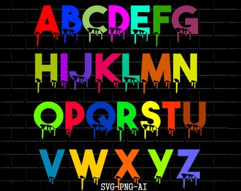 May include: A colorful alphabet with dripping paint, each letter is a different color. The letters are on a black brick background.