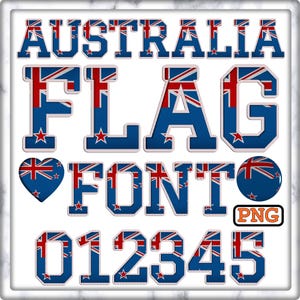 May include: A font set featuring the letters A-Z, numbers 0-9, and the word "FONT" in a bold, white outline with a blue and red New Zealand flag pattern. The letters are in a varsity style font.
