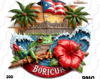 Puerto Rico Coquí El Morro – 3D Effect Boricua Hibiscus PNG (Digital Download)