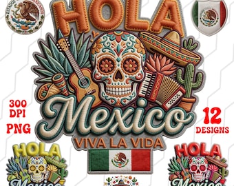 Mexico Embroidery PNG Bundle - 12 Sugar Skull & Fiesta Designs, 300 DPI Sublimation