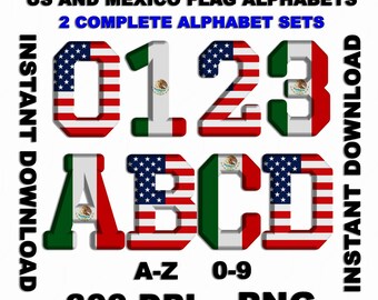 Mexico USA Alphabet PNG Bundle, 2 Flag Alphabet Sets,A-Z, Numbers 0-9, Sublimation Design