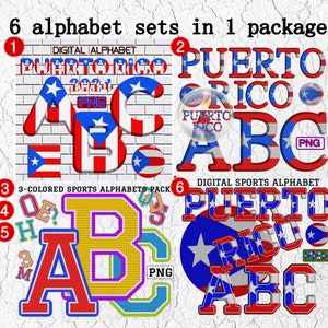 May include: Six digital alphabet sets featuring the words "Puerto Rico" and the letters "ABC" in various styles. The sets include a brick wall background, a bubble effect, and a 3-colored sports alphabet pack.