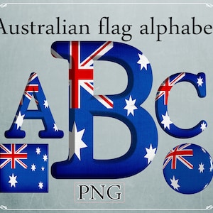 May include: Australian flag alphabet letters A, B, and C in a 3D style. The letters are blue with white stars and a red Union Jack in the corner. The letters are on a light blue background with the word PNG in the centre.