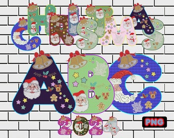 christmas alphabet clipart, christmas letters faux embroidery knitted png files, colorful texture letters, Santa Claus clipart