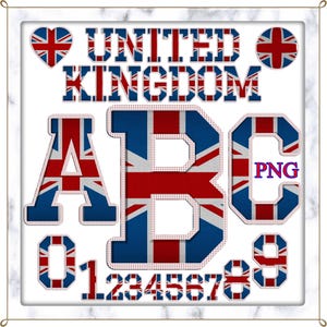 Brittiska flaggbokstäver och siffror PNG Clipart: Chenille Patch-typsnitt (digital nedladdning)