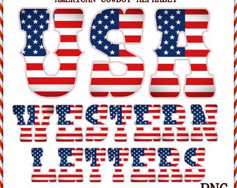 Western USA Flag Alphabet & Numbers | Patriotic Cowboy PNG Letters