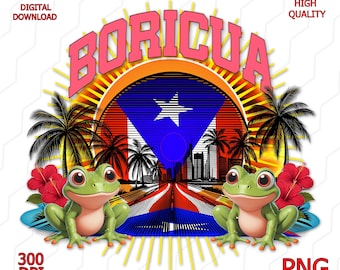 Boricua Puerto Rico Digital Art PNG – Coquí Frogs, Hibiscus, Flag Design – 300 DPI