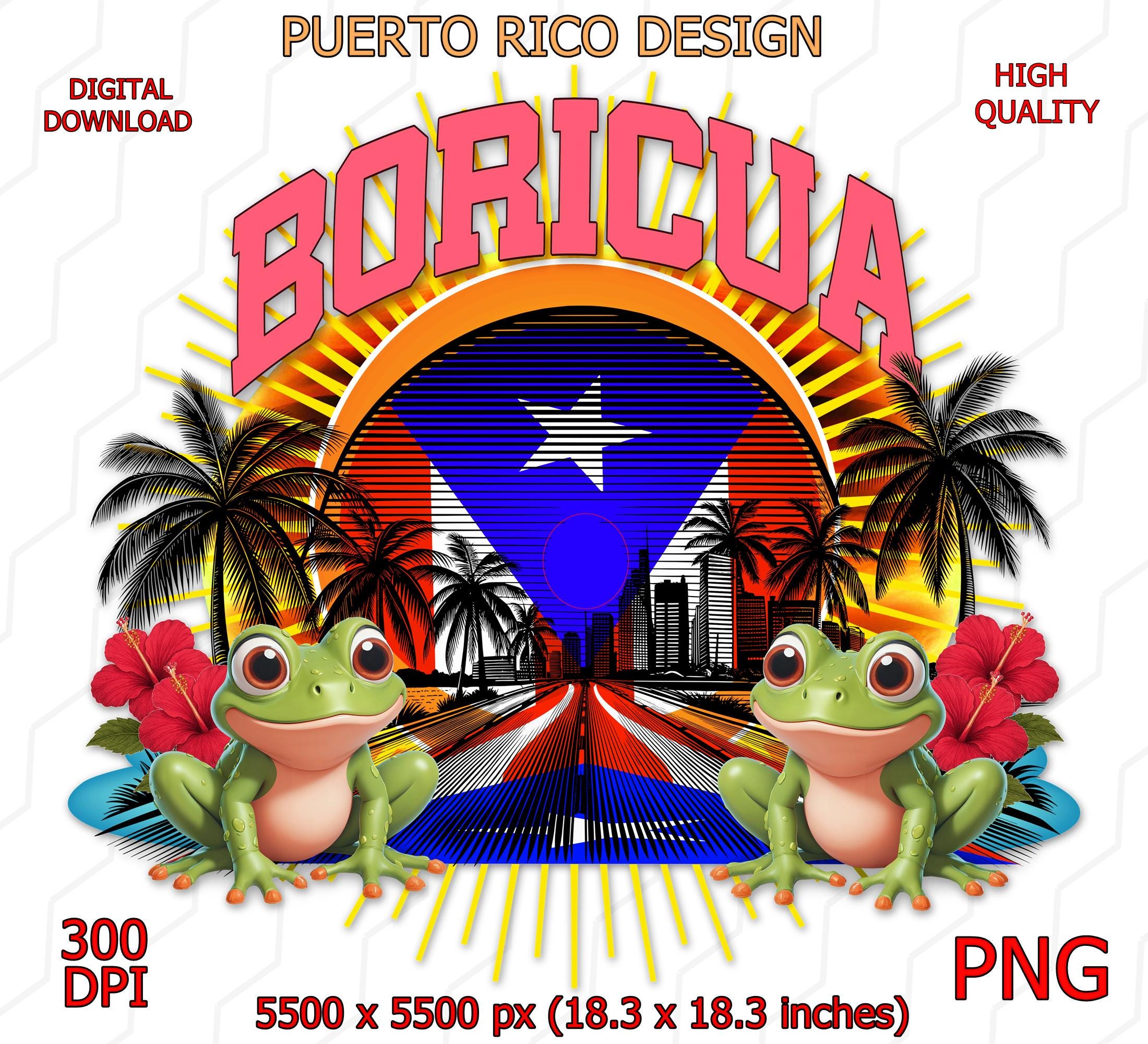 Boricua Puerto Rico Digital Art PNG – Coquí Frogs, Hibiscus, Flag