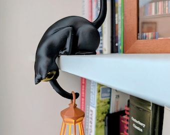 Schwarze Katze Regal Ornament hält hängende flackernde Laterne, Buchliebhaber Geschenk, gemütliches Wohndekor, Katzenliebhaber Geschenk, handgemacht