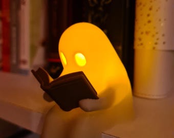 Cute little ghost sitting on a shelf reading a book with flickering tealight, book lover gift, cosy home ornament, gift idea, handmade