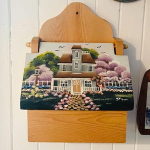 Vintage Hand-Painted Wood Mailbox: Rustic Cottage Wall Decor