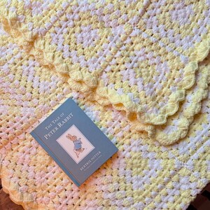 Vintage Crochet Baby Blanket  Soft Butter Yellow & White Granny Square Heirloom Cottage Nursery