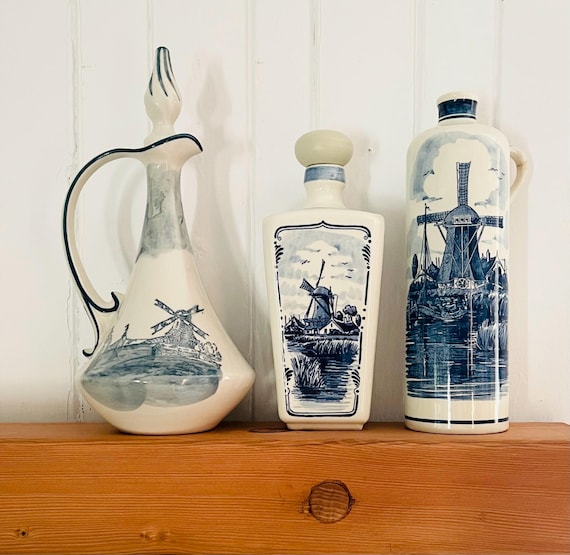 Vintage Delft Blue Liquor Bottle Set: Hand-painted Windmill Motifs