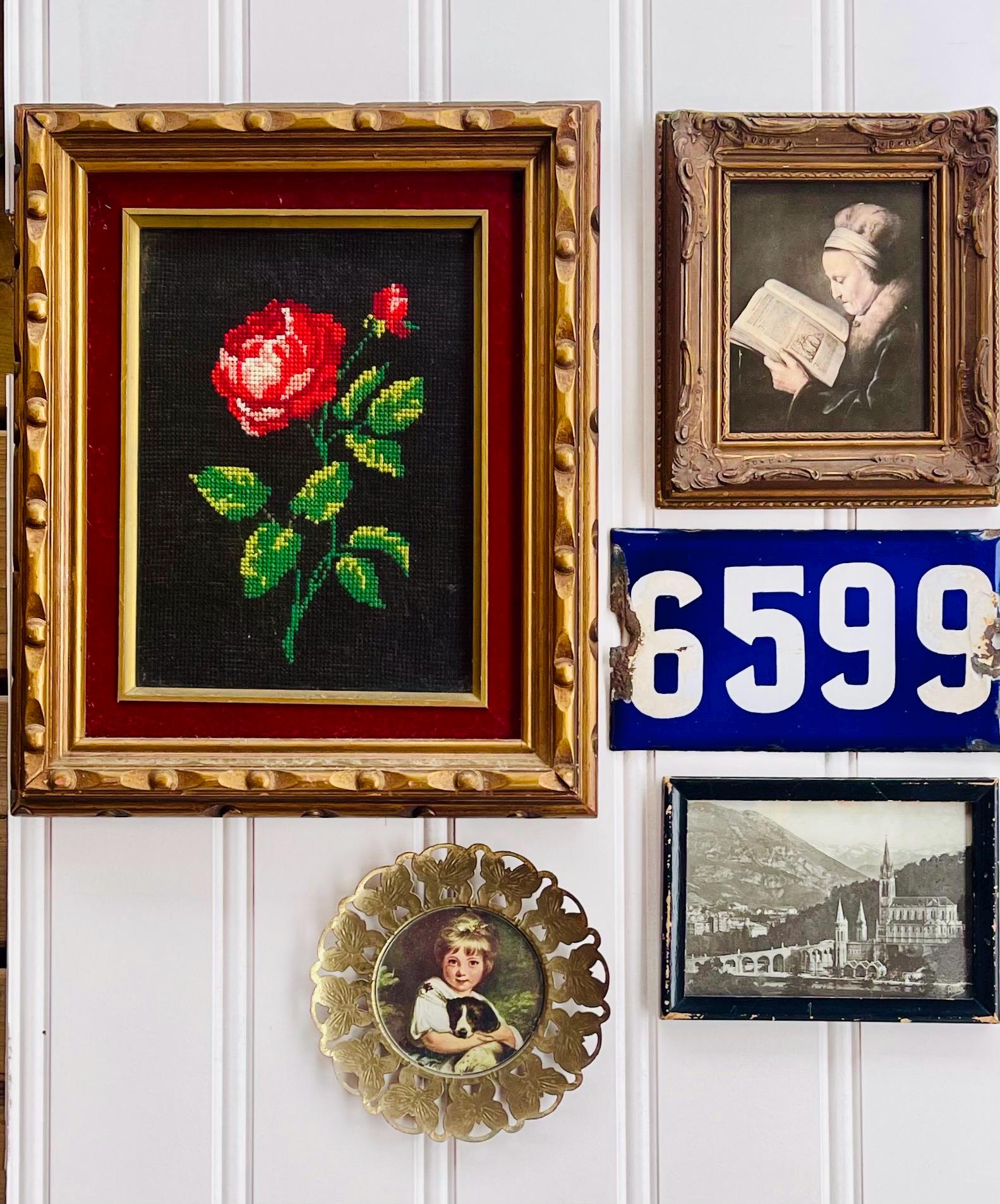 Vintage Framed Gallery Wall Art: Rose Needlepoint, Church Print