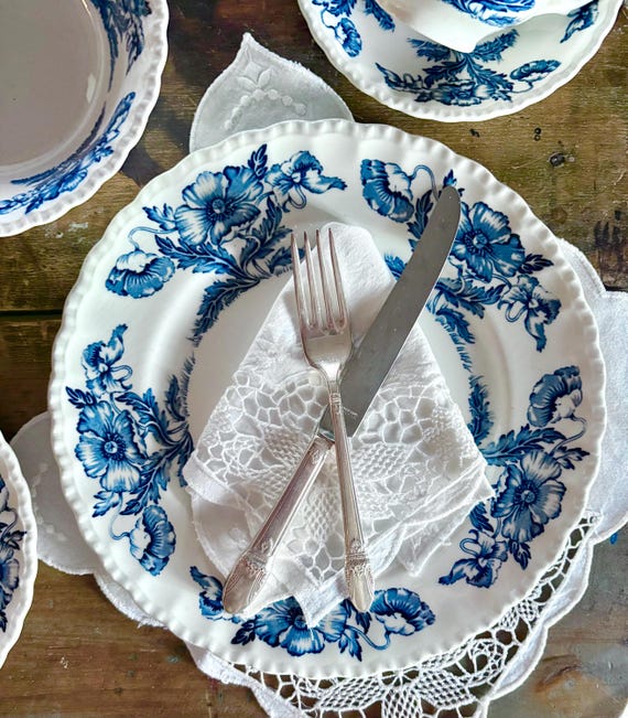 Vintage Grindley Atlas Ironstone Dinner Set – Blue Poppies, 2 or 4