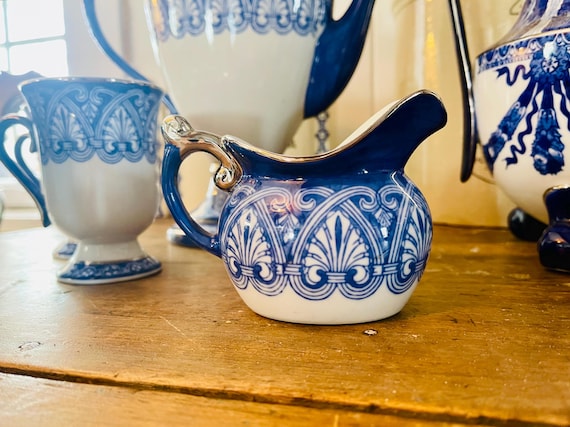 Vintage Bombay Porcelain Coffee Set: Blue, White, and Platinum (7