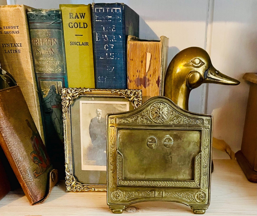 Antique Jennings Brothers Brass Card Holder: Art Nouveau Desk