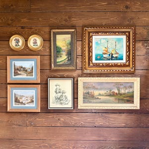 Curated Vintage Art Collection – Gallery Wall Pieces with Frame Options | Original Oil Paintings, Needlepoint & Canadian Prints