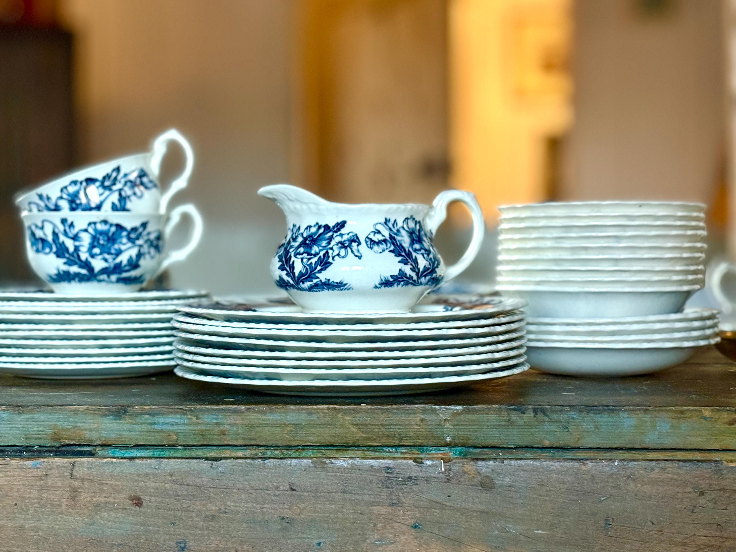 Vintage Grindley Atlas Ironstone Dinner Set – Blue Poppies, 2 or 4
