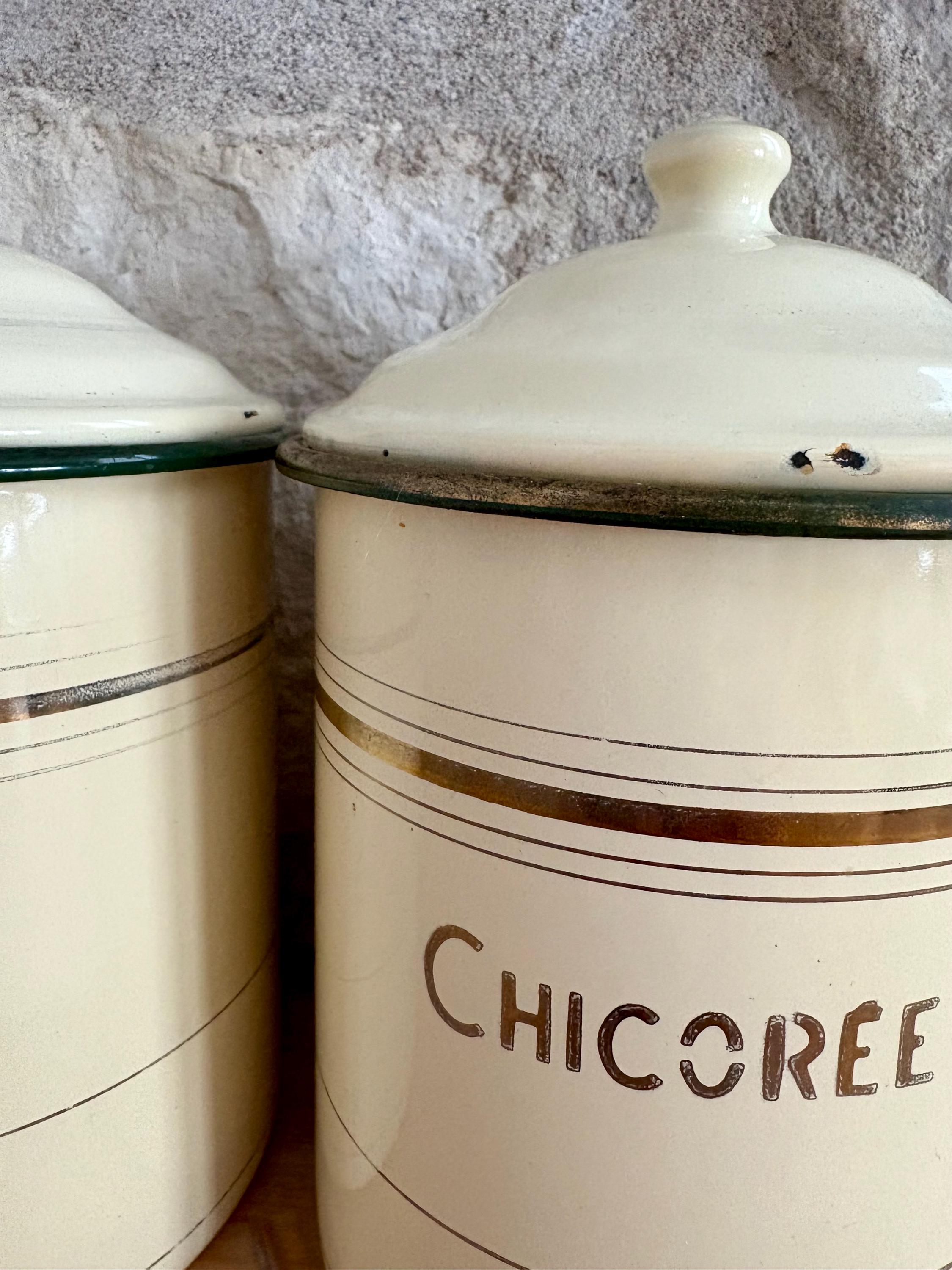 Antique French Enamel Canister Set Sucre, Café & Chicorée 1930s
