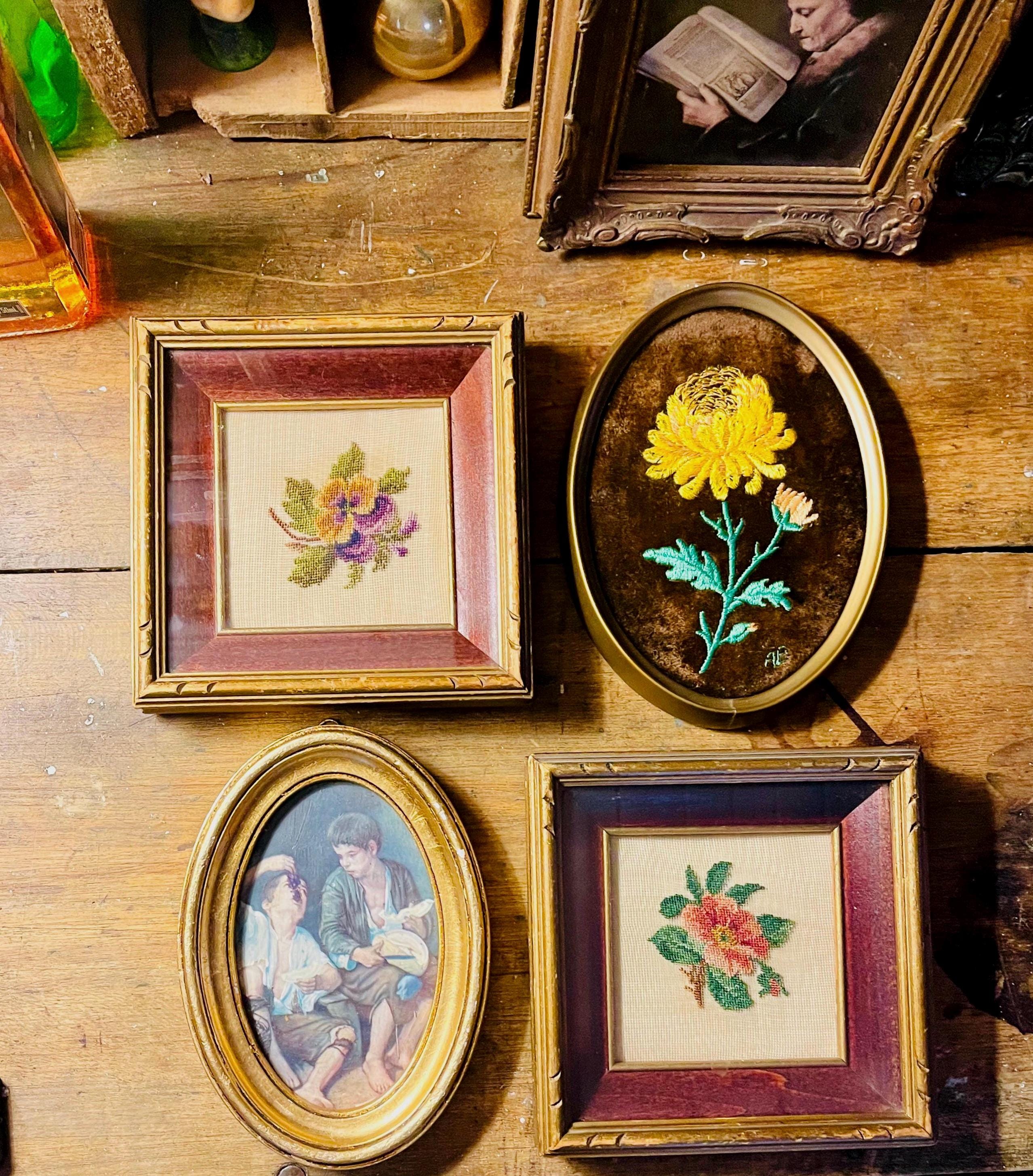 Vintage Framed Cross Stitched, Embroidery, Prints. Small