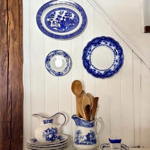 Set of 4 Antique English Blue White Transferware Plates, Gallery Wall Decor