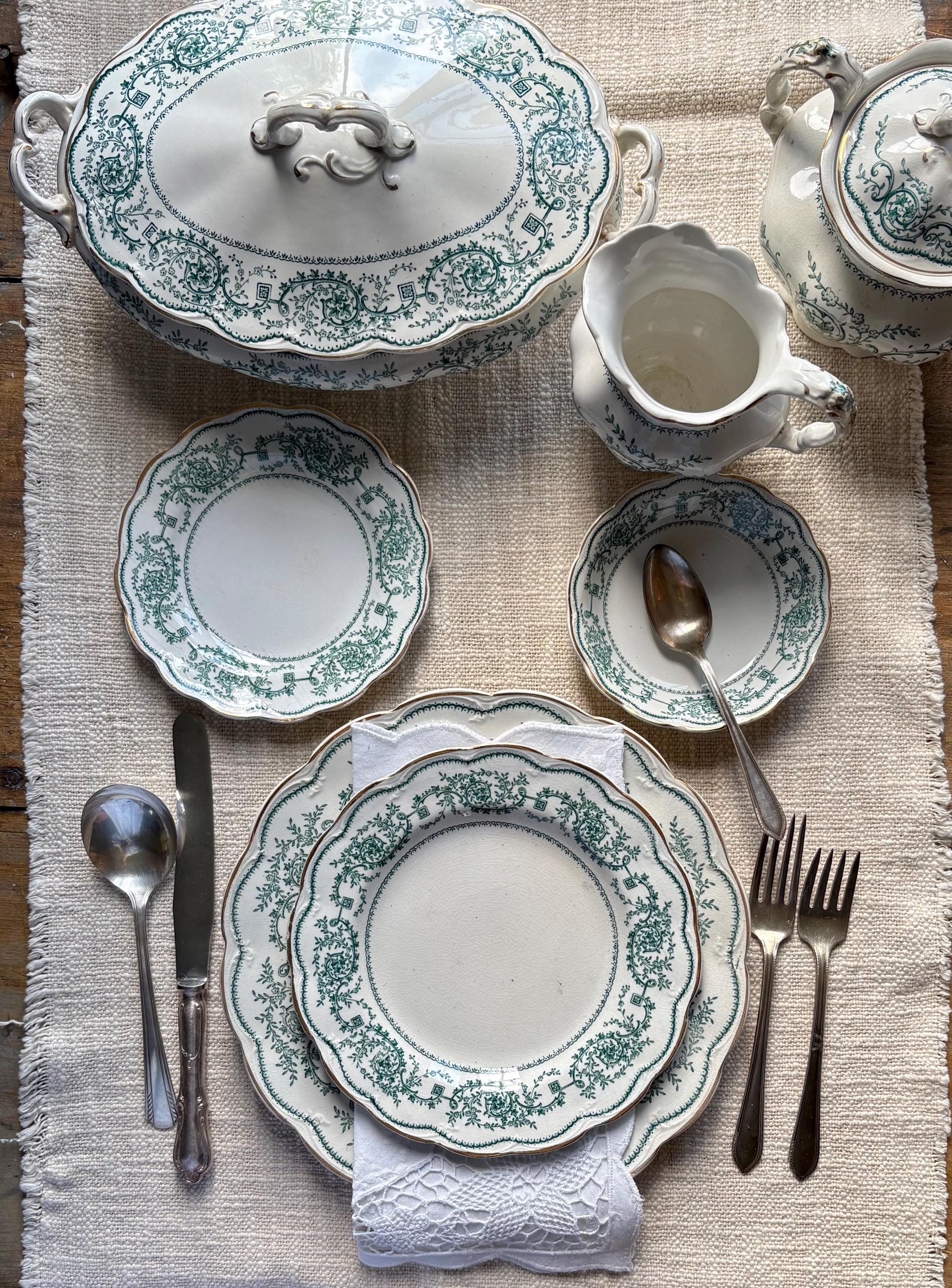 Antique Rare 1893-1905 English Dining Set and serverware. Eton by Baker & Co. Ink blue-emerald. Scalloped gold-rimmed edges