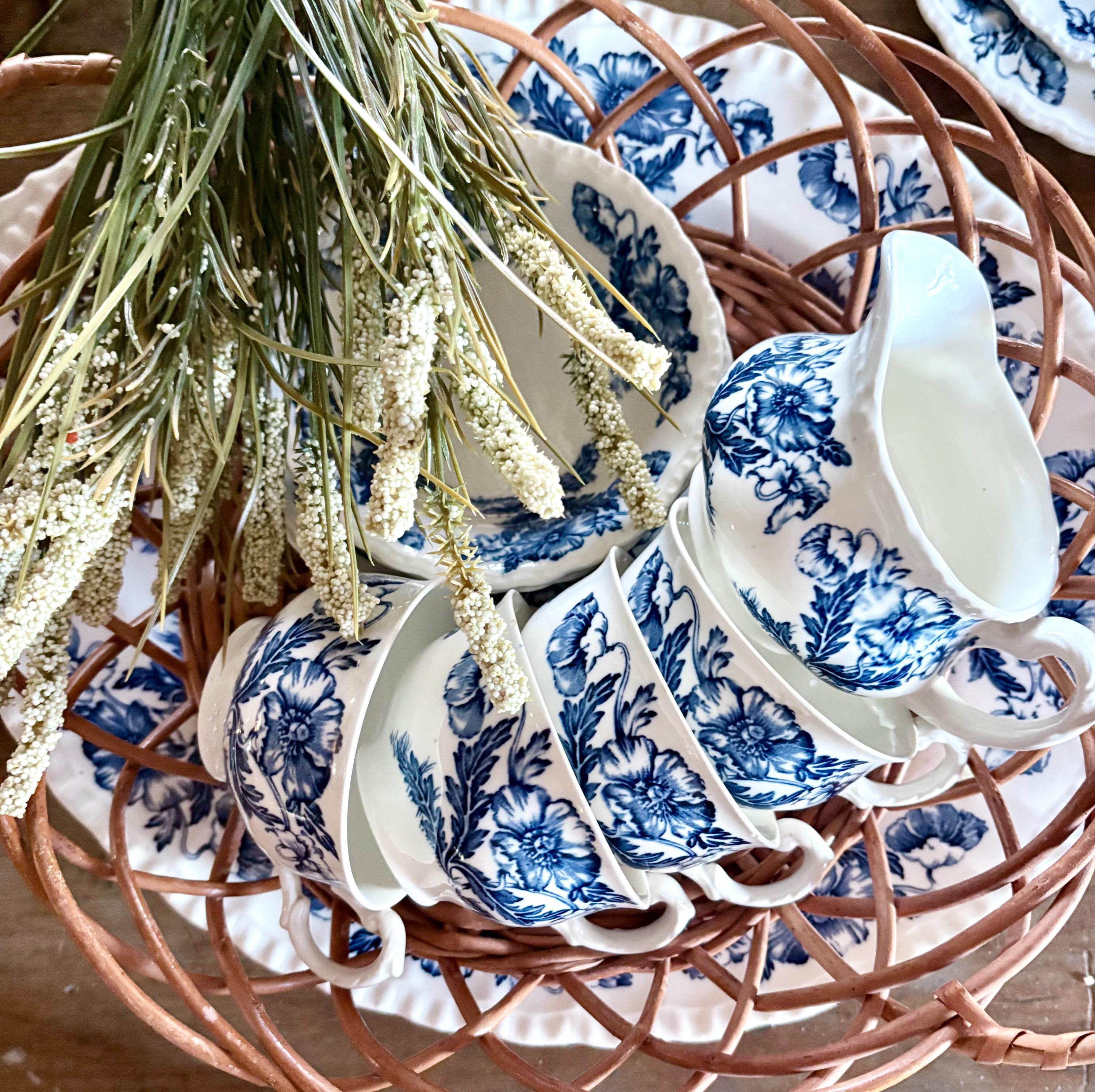 Vintage Grindley Atlas Ironstone Dinner Set – Blue Poppies, 14