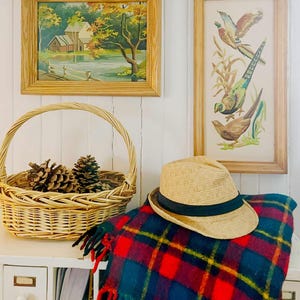 May include: A wicker basket filled with pine cones sits on a white shelf with a plaid blanket and a straw hat. Two framed pictures hang on the wall behind the basket. One picture shows a landscape with a house and a lake, and the other picture shows a pair of birds.