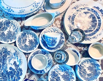 6 guests Set Enoch Wedgwood Dinnerware, Countryside Pastoral Blue Transferware, 24 pcs, English tablescape