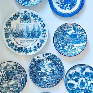 Classic vintage white and blue plates for a dining room gallery wall. Ready to be installed. Choose your own design!  Souvenir plates.