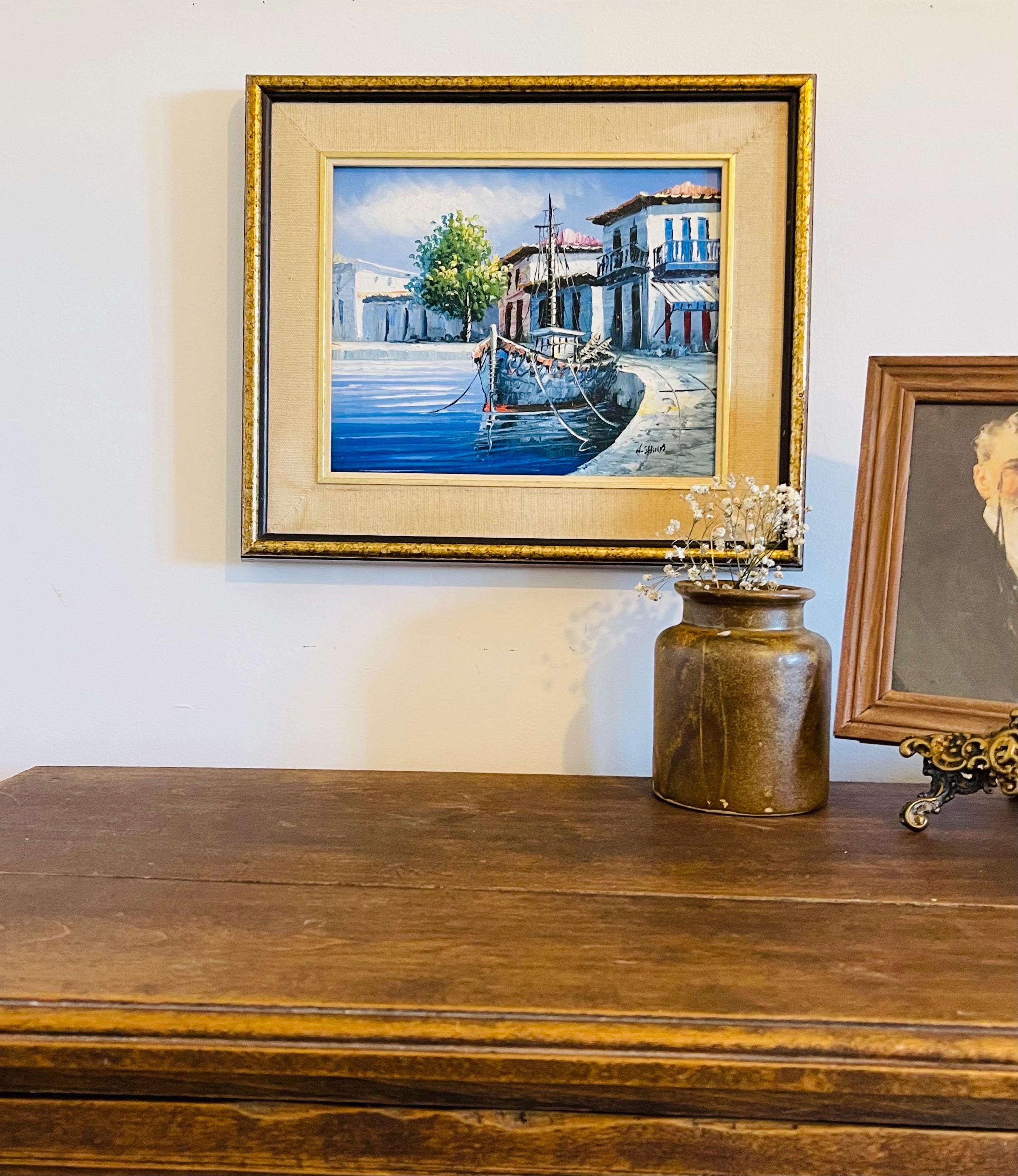 Vintage Framed Oil Painting: Marina Boat, Signed Nautical
