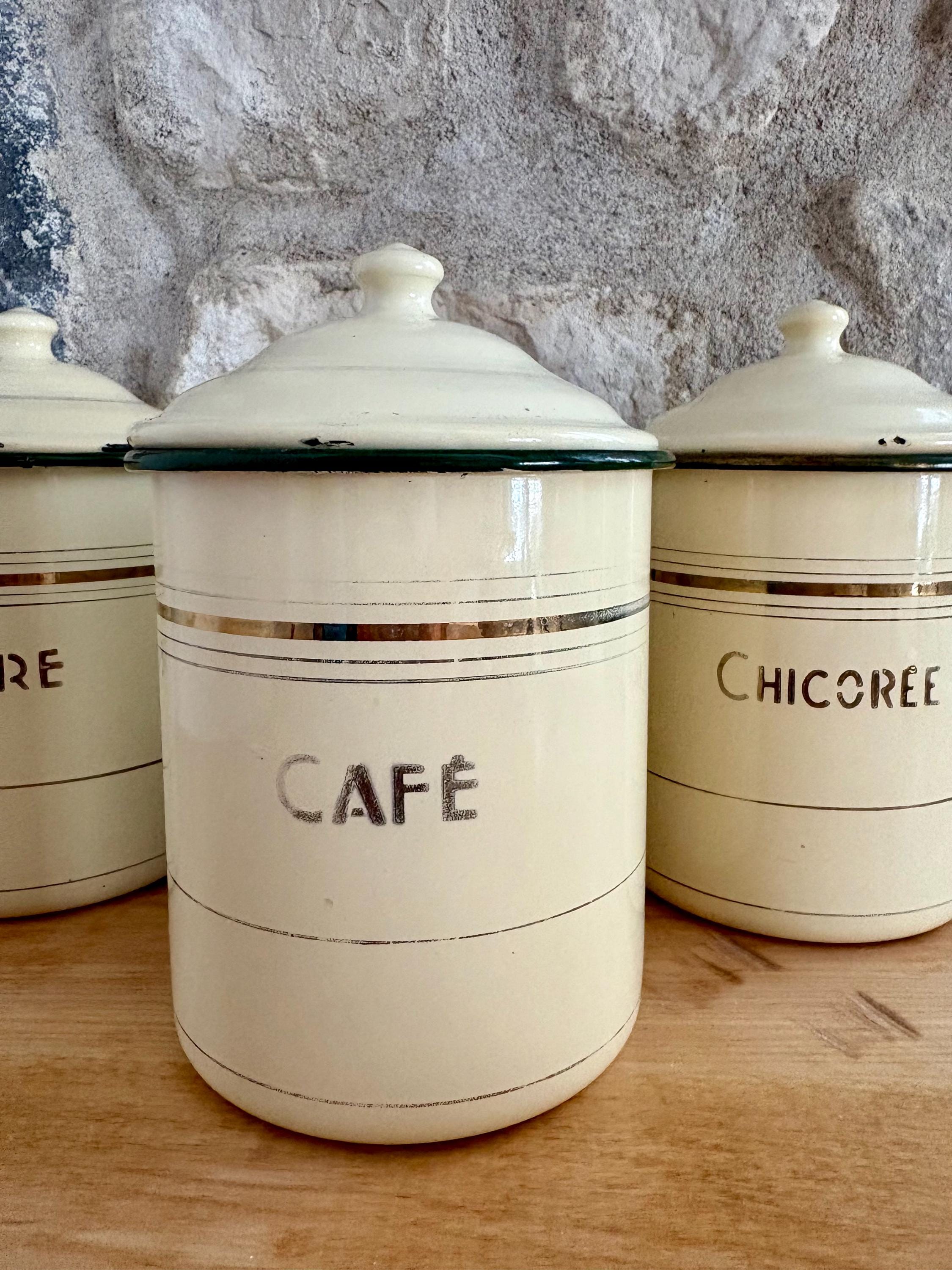 Antique French Enamel Canister Set Sucre, Café & Chicorée 1930s