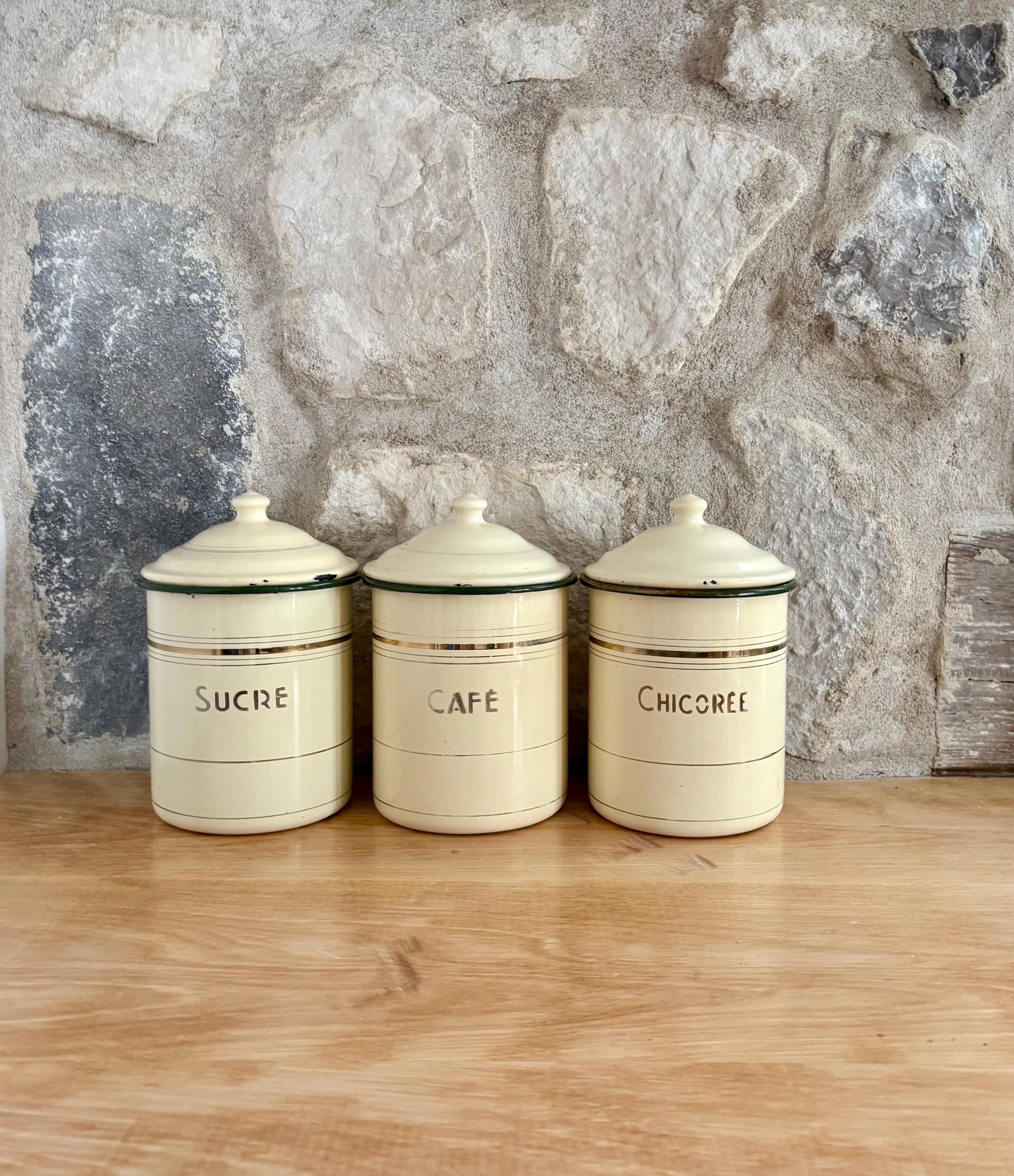 Antique French Enamel Canister Set Sucre, Café & Chicorée 1930s