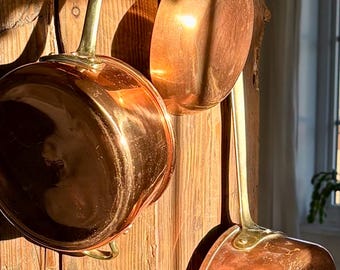 Set of 3  Vintage Copper Cookware,  Rustic Tin-Lined Set with Brass Handles