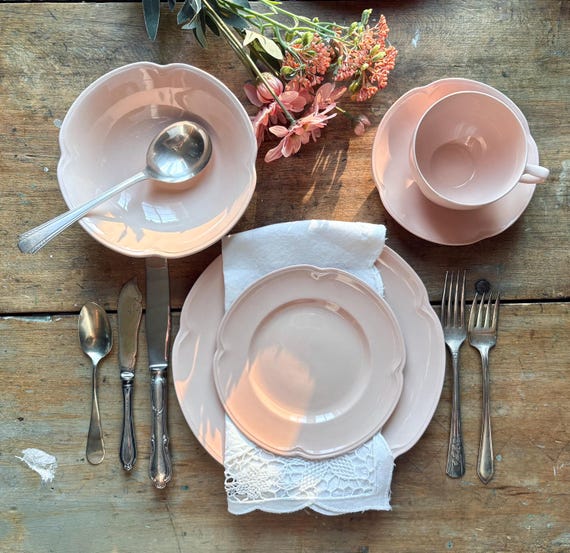 1950s Johnson Bros Rosedawn Dinnerware Set for 2, 10 Pc Solid Pink