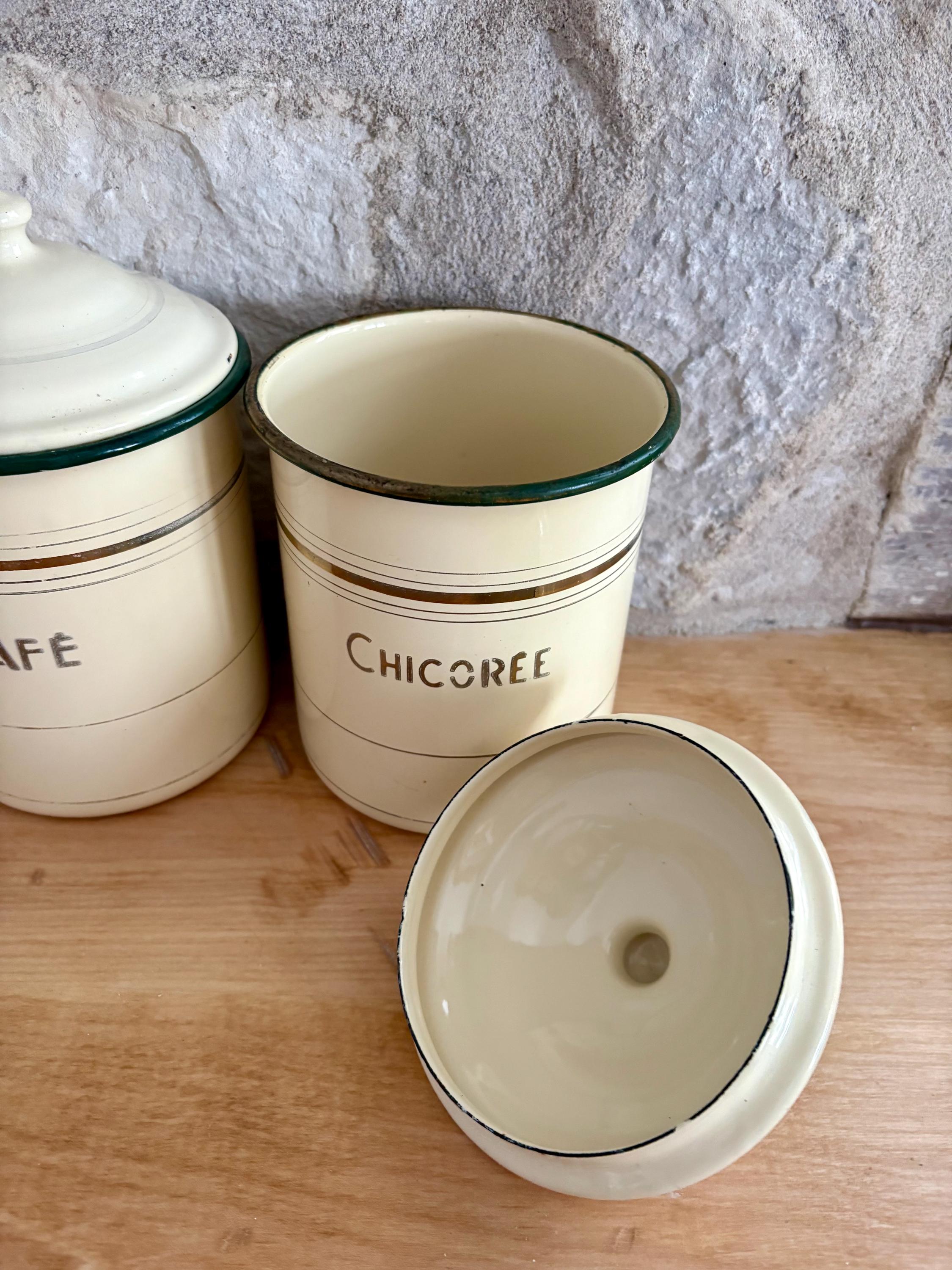 Antique French Enamel Canister Set Sucre, Café & Chicorée 1930s