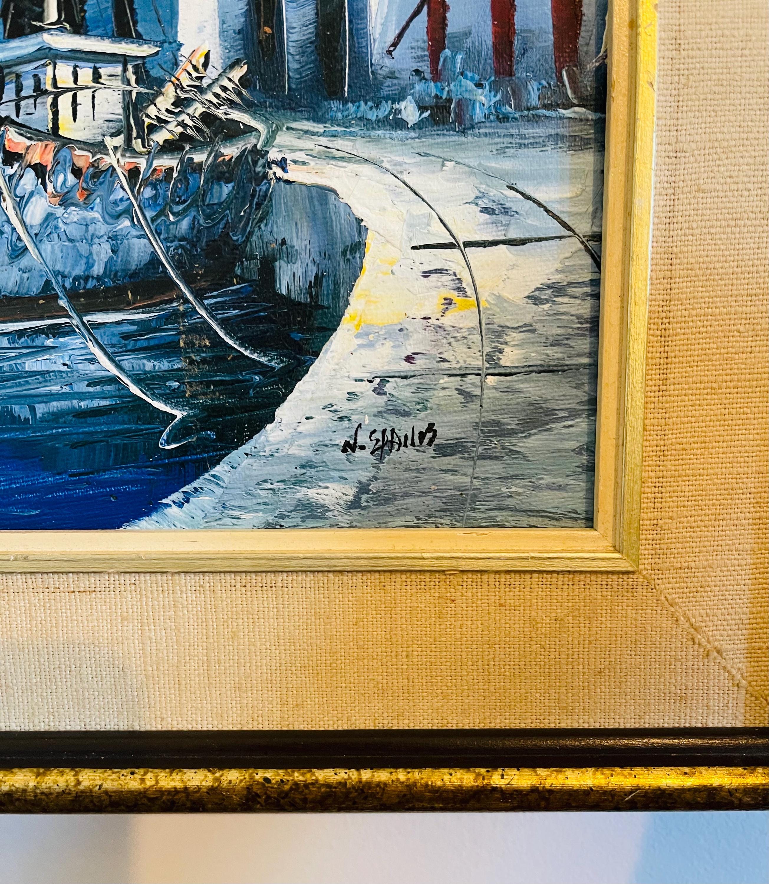 Vintage Framed Oil Painting: Marina Boat, Signed Nautical