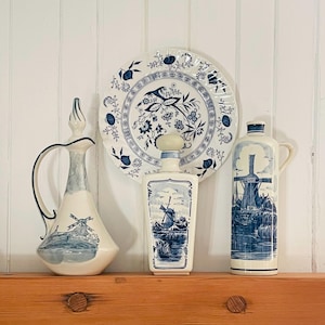 Vintage Delft Blue liquor bottles - Set of 3. Hand painted in Holland & France.  Flowers motifs and traditional old mill design. White blue.