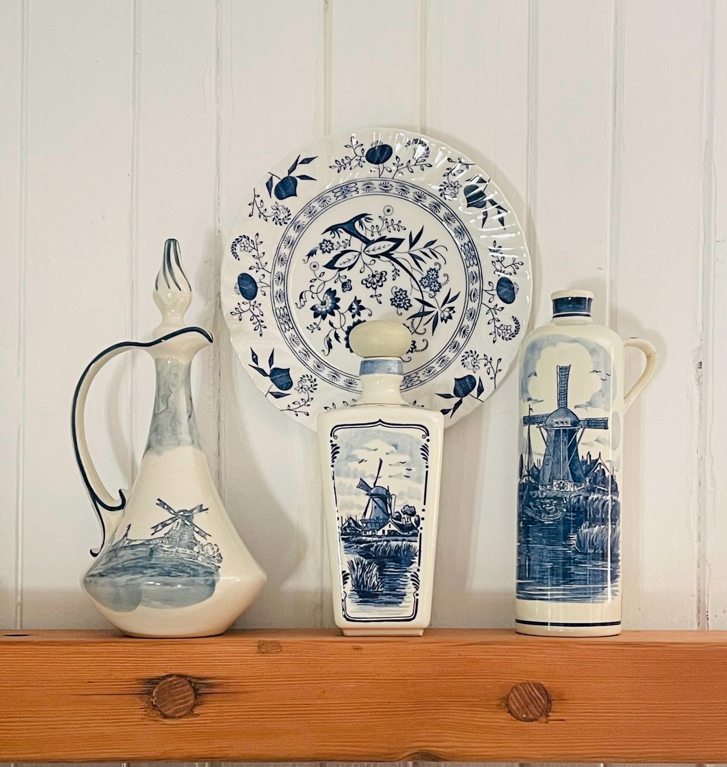 Vintage Delft Blue Liquor Bottle Set: Hand-painted Windmill Motifs