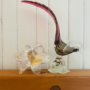 Vintage Pair of  Murano glass sculptures. A flower and a pheasant. Beautiful and eternal piece of art. Paperweight, home decor.
