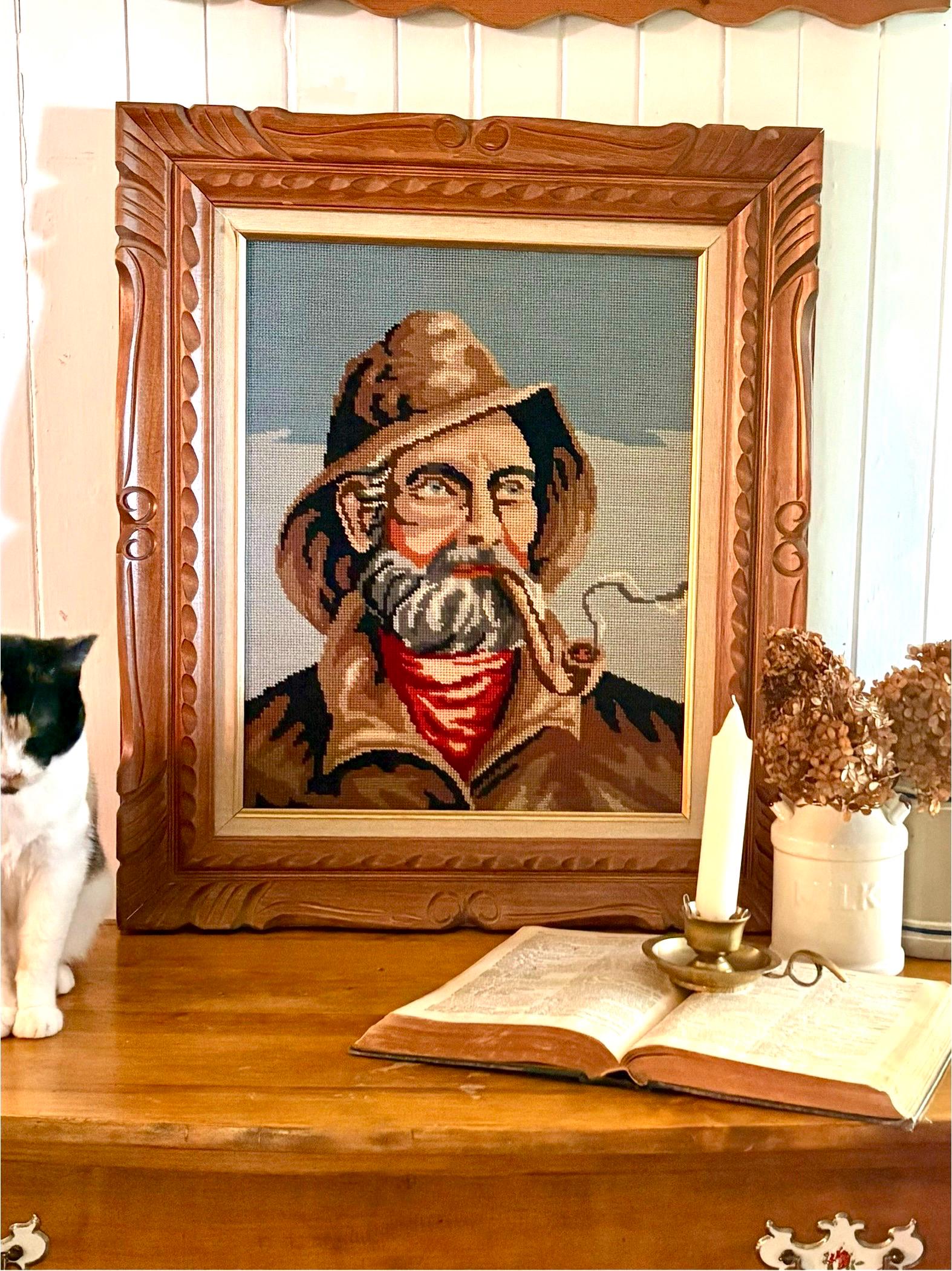Large Vintage Needlepoint Sailor Portrait | Framed Fisherman Wall