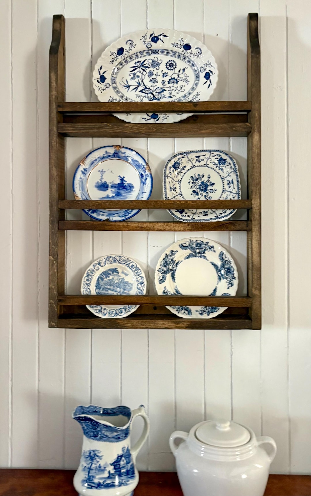 Vintage Rustic Wall Mounted Wooden Plate Kitchen Rack. 3 Shelves. 30 ...