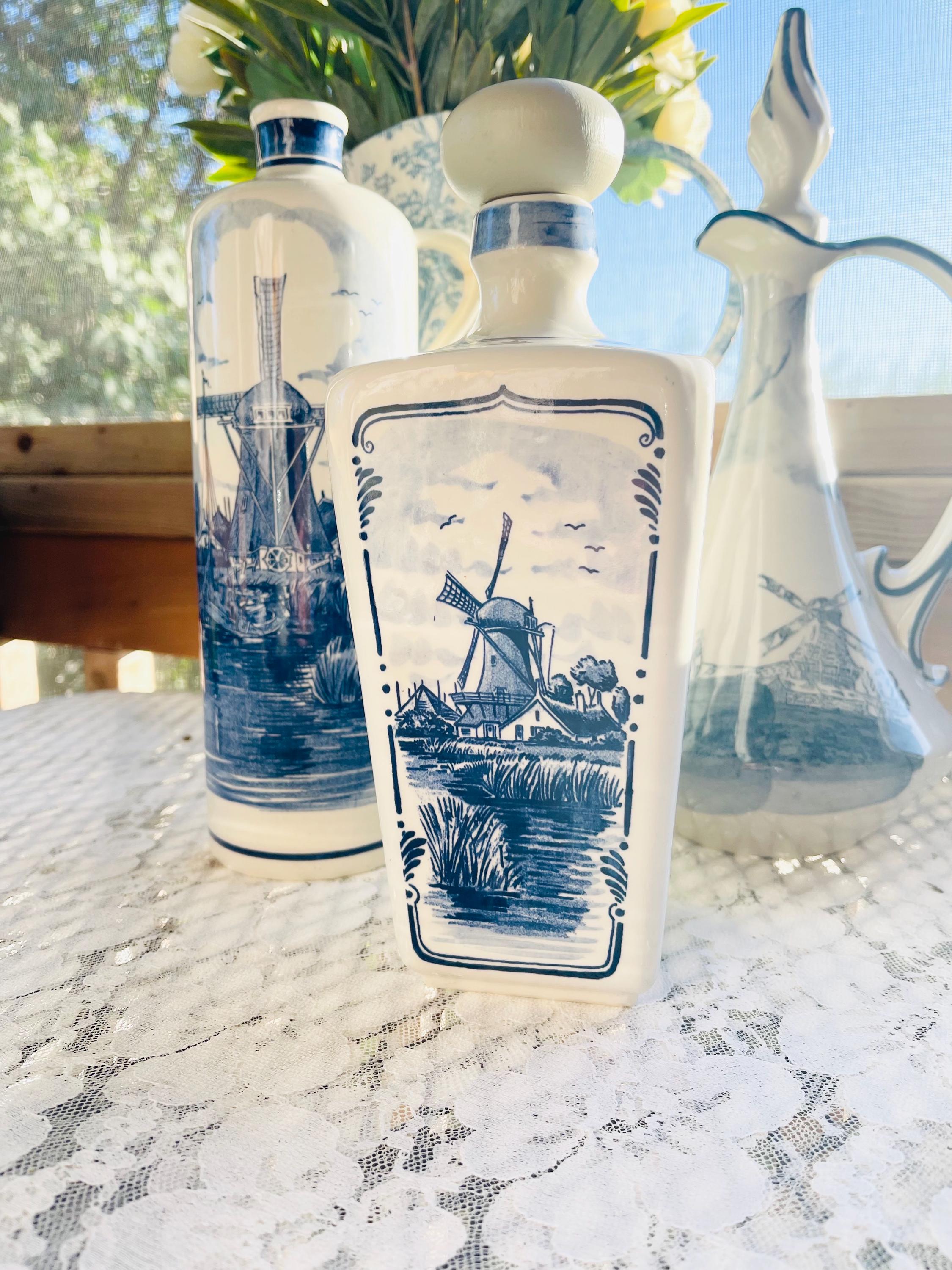 Vintage Delft Blue Liquor Bottle Set: Hand-painted Windmill